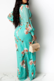Blue Casual Print Split Joint V Neck Straight Jumpsuits
