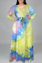 Yellow Blue Fashion Casual Tie Dye Printing V Neck Long Sleeve Plus Size Dresses