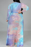 Blue Pink Fashion Casual Tie Dye Printing V Neck Long Sleeve Plus Size Dresses