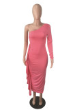 Pink Fashion Sexy Solid Patchwork Backless Oblique Collar Long Sleeve Dresses
