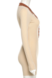 Khaki Casual Solid Patchwork Turndown Collar Skinny Rompers