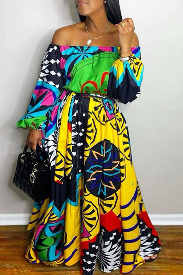 Yellow Fashion Casual Print Backless Off the Shoulder Long Sleeve Dresses