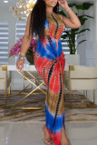 Red Elegant Print Patchwork High Opening O Neck Straight Dresses