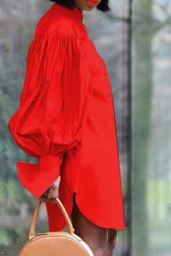 Red Casual Solid Patchwork Turndown Collar Shirt Dress Dresses