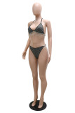 Apricot Fashion Sexy Patchwork Hot Drilling Tassel Bandage Backless Swimwears