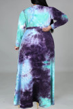 Powder Blue Fashion Casual Tie Dye Printing V Neck Long Sleeve Plus Size Dresses