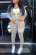 Grey Sportswear Print Patchwork Hooded Collar Long Sleeve Two Pieces