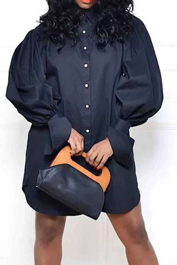 Black Casual Solid Patchwork Turndown Collar Shirt Dress Dresses