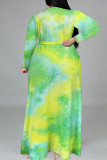 Green Fashion Casual Tie Dye Printing V Neck Long Sleeve Plus Size Dresses