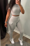 Grey Fashion Casual Solid Fold O Neck Short Sleeve Two Pieces
