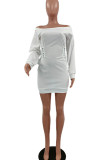 White Casual Solid Patchwork Frenulum Off the Shoulder Long Sleeve Dresses