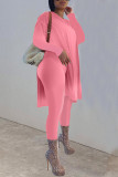 Rose Red Casual Solid Patchwork Slit O Neck Long Sleeve Two Pieces