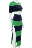Green Casual Striped Print Patchwork Slit O Neck Short Sleeve Two Pieces
