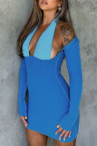 Blue Sexy Solid Hollowed Out Patchwork Halter Pencil Skirt Dresses