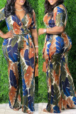 Yellow Fashion Casual Print Basic V Neck Regular Jumpsuits