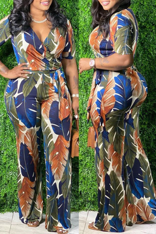 Green Fashion Casual Print Basic V Neck Regular Jumpsuits