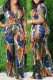 Green Fashion Casual Print Basic V Neck Regular Jumpsuits
