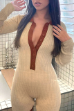 Khaki Casual Solid Patchwork Turndown Collar Skinny Rompers