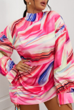 Pink Sexy Print Patchwork Half A Turtleneck Waist Skirt Dresses