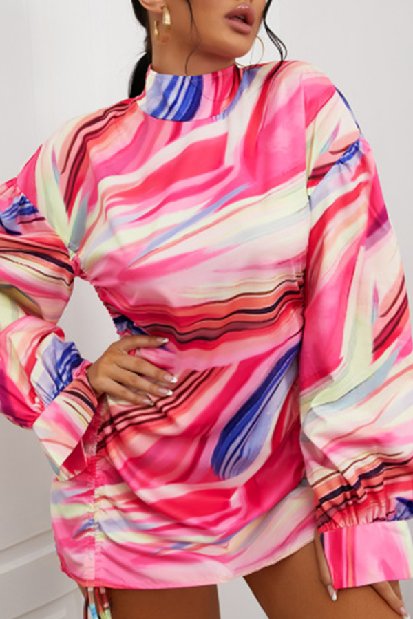 Pink Sexy Print Patchwork Half A Turtleneck Waist Skirt Dresses