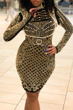 Black Fashion Sexy Patchwork Hot Drilling Beading Half A Turtleneck Long Sleeve Dresses