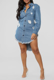 Blue Fashion Casual Solid Ripped Asymmetrical Turndown Collar Long Sleeve Dresses