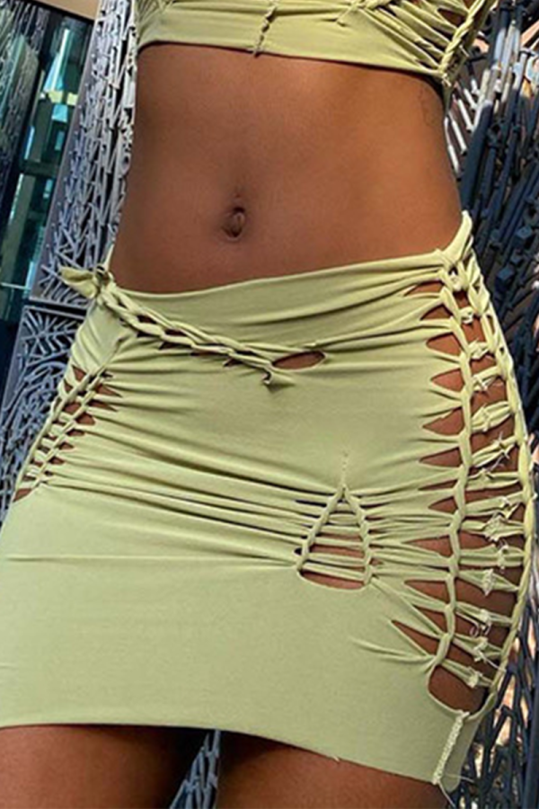Green Sexy Solid Hollowed Out Skinny Mid Waist Pencil Solid Color Bottoms
