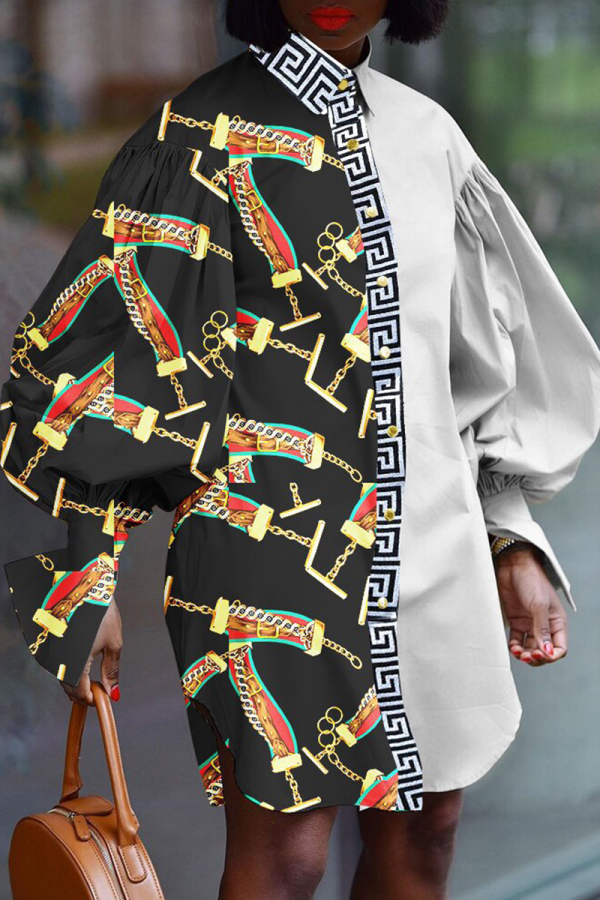 Apricot Casual Print Patchwork Turndown Collar Shirt Dress Dresses