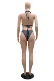 Apricot Fashion Sexy Patchwork Hot Drilling Tassel Bandage Backless Swimwears