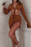 Brown Sexy Solid Patchwork Frenulum Backless Asymmetrical Turndown Collar Long Sleeve Two Pieces