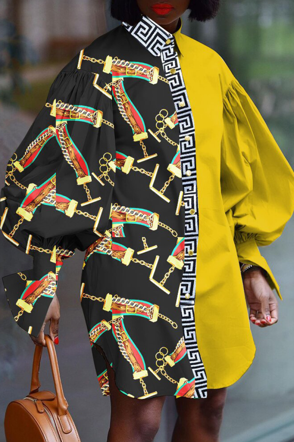 Yellow Casual Print Patchwork Turndown Collar Shirt Dress Dresses