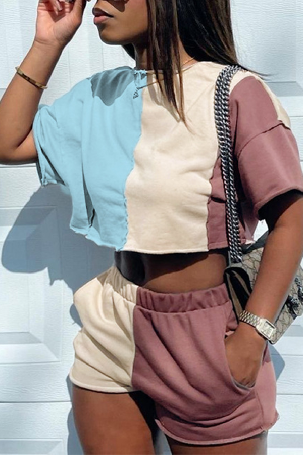 Blue Casual Solid Patchwork O Neck Short Sleeve Two Pieces