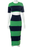 Green Casual Striped Print Patchwork Slit O Neck Short Sleeve Two Pieces