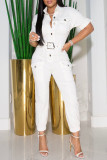 Pink Casual Solid Patchwork Buttons With Belt Turndown Collar Regular Jumpsuits