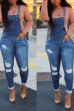 Blue Casual Solid Ripped Skinny Jumpsuits