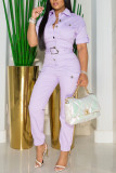 Pink Casual Solid Patchwork Buttons With Belt Turndown Collar Regular Jumpsuits