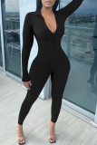 Blue Casual Solid Patchwork Turndown Collar Skinny Jumpsuits