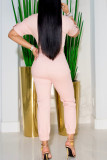 Pink Casual Solid Patchwork Buttons With Belt Turndown Collar Regular Jumpsuits