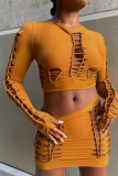 Orange Sexy Solid Patchwork O Neck Tops