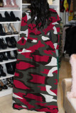 Red Sexy Print Patchwork Buttons Turndown Collar Long Sleeve Dresses