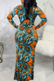 Orange Sexy Print Split Joint V Neck Long Sleeve Dresses