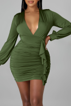 Army Green Sexy Solid Split Joint V Neck Pencil Skirt Dresses