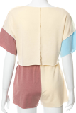 Blue Casual Solid Patchwork O Neck Short Sleeve Two Pieces