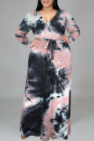 Dark Gray Fashion Casual Tie Dye Printing V Neck Long Sleeve Plus Size Dresses