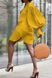 Yellow Casual Solid Patchwork Turndown Collar Shirt Dress Dresses