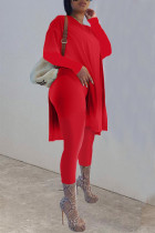 Red Casual Solid Patchwork Slit O Neck Long Sleeve Two Pieces