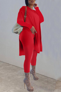 Red Casual Solid Patchwork Slit O Neck Long Sleeve Two Pieces