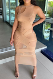 Apricot Sexy Solid Mesh O Neck Pencil Skirt Dresses