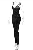 Black Fashion Sexy Print Backless Spaghetti Strap Skinny Jumpsuits
