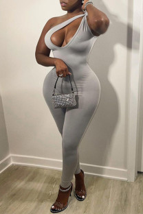 Grey Sexy Casual Solid Hollowed Out Backless One Shoulder Skinny Jumpsuits